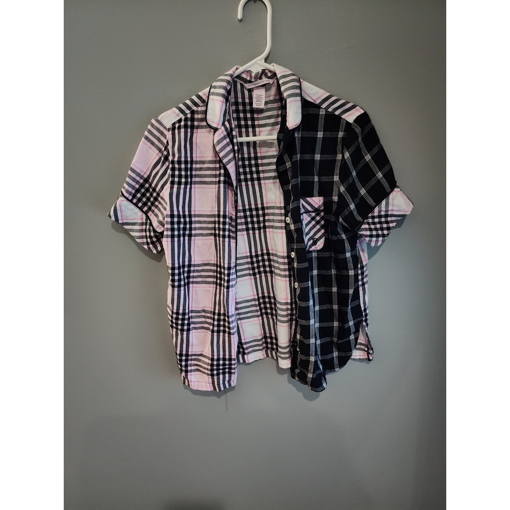 Victorias Secret Plaid Colorblock Pajama Top Pink Black White XS Short Sleeve